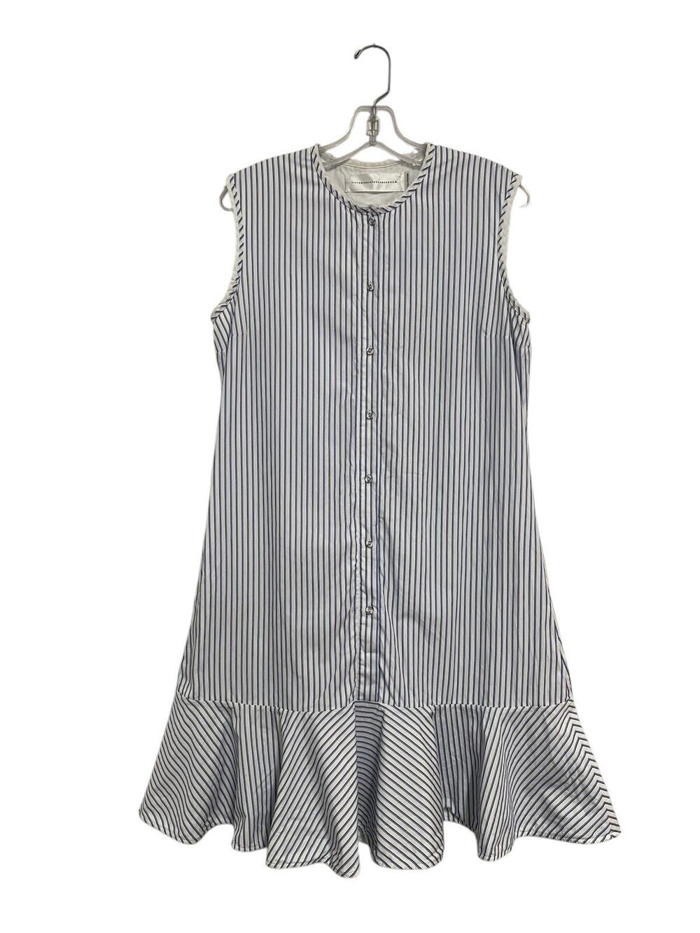 Victoria Beckham Shirt Dress White Pinstripe Sleeveless Drop Waist Ruffle Hem 10